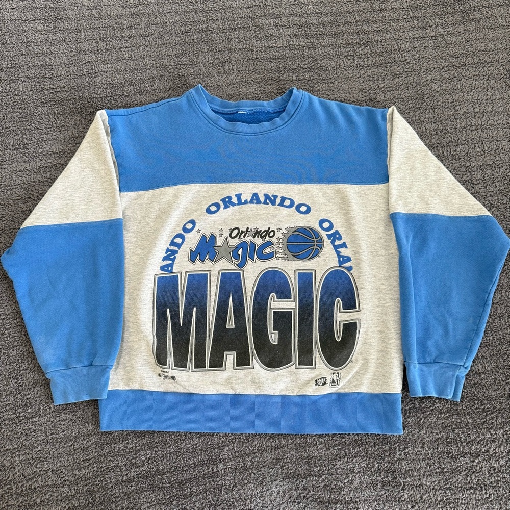 🔥 Vintage 90s Orlando Magic GIANT NBA Colorblock Sweatshirt Gray Blue Crewneck L